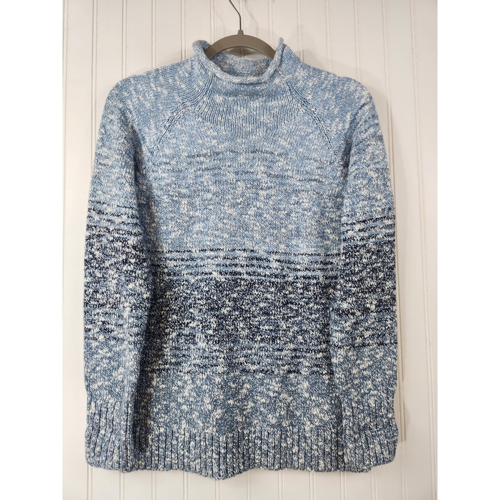 LL Bean Blue White Marled Ombre Roll Neck Cotton Knit Sweater Small Petite Cozy